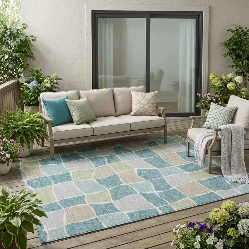 Teal Blue And Silver Geometric Washable Indoor Outdoor Area Rug Photo 1