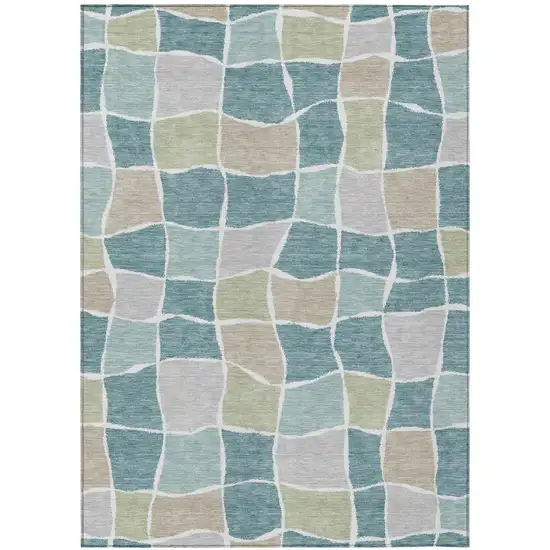Teal Blue And Silver Geometric Washable Indoor Outdoor Area Rug Photo 2