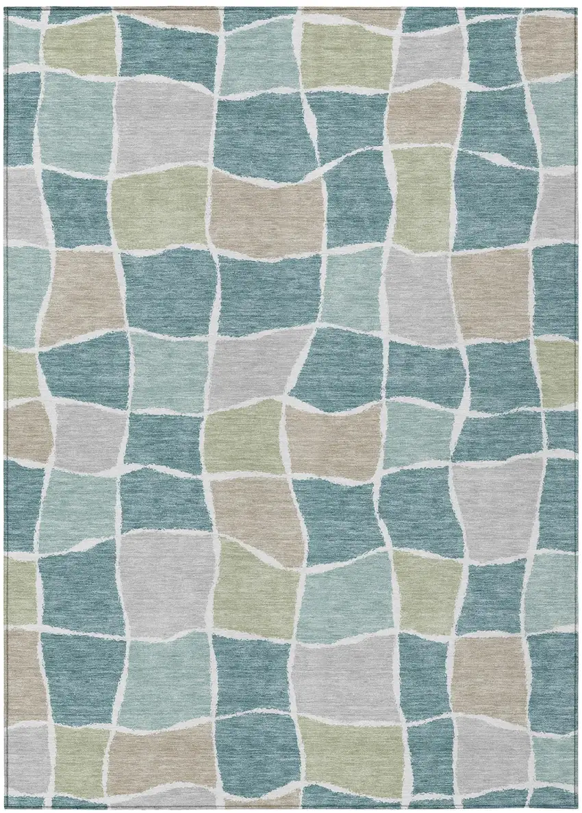 Teal Blue And Silver Geometric Washable Indoor Outdoor Area Rug Photo 2