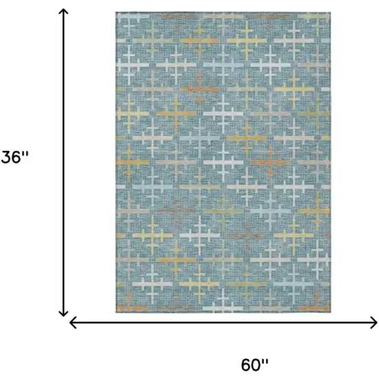 Teal Blue And Silver Geometric Washable Indoor Outdoor Area Rug Photo 5
