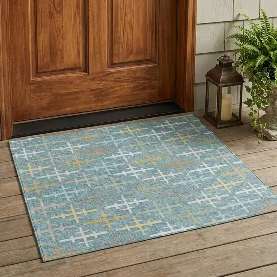 Teal Blue And Silver Geometric Washable Indoor Outdoor Area Rug Photo 1