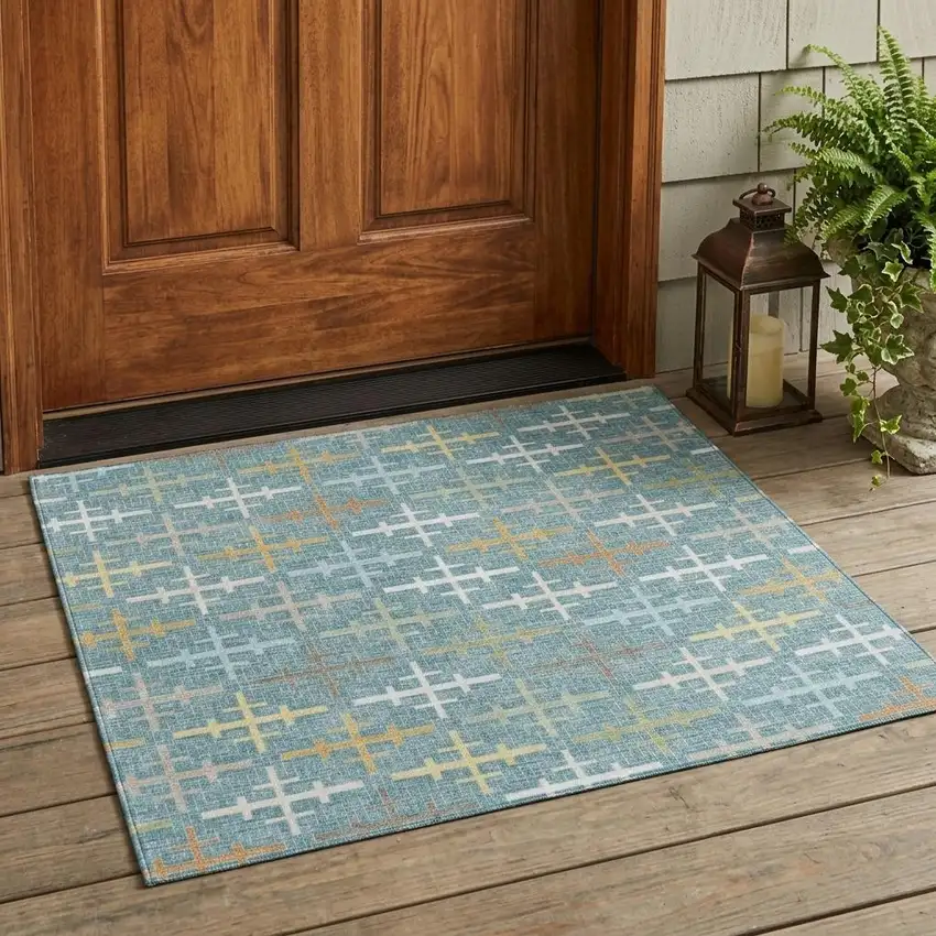 Teal Blue And Silver Geometric Washable Indoor Outdoor Area Rug Photo 1