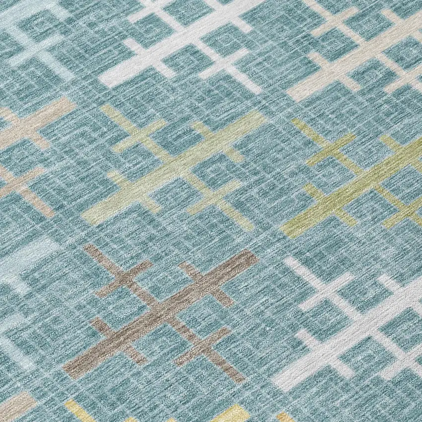 Teal Blue And Silver Geometric Washable Indoor Outdoor Area Rug Photo 4