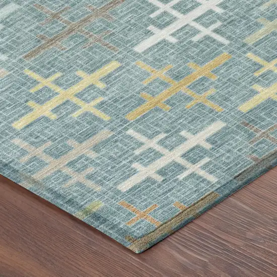 Teal Blue And Silver Geometric Washable Indoor Outdoor Area Rug Photo 3