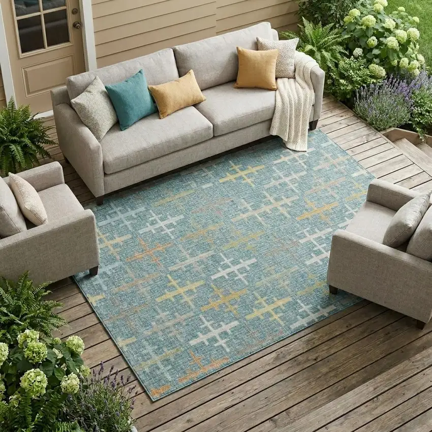 Teal Blue And Silver Geometric Washable Indoor Outdoor Area Rug Photo 1