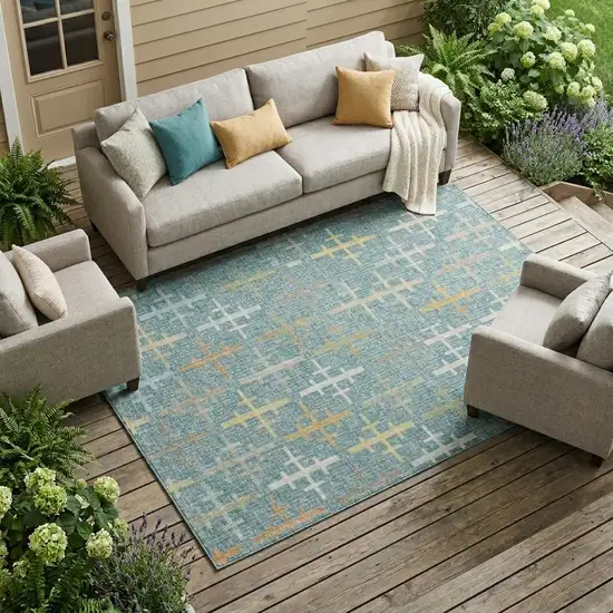 Teal Blue And Silver Geometric Washable Indoor Outdoor Area Rug Photo 1