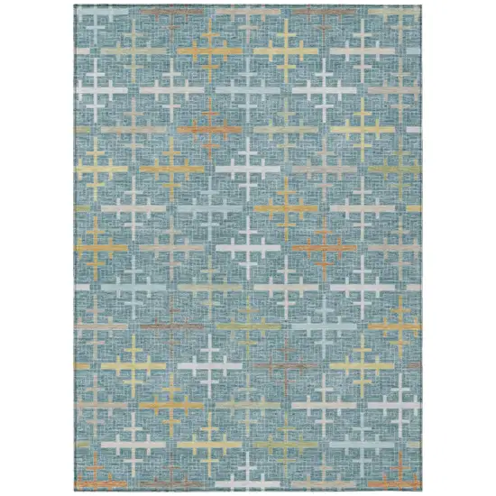 Teal Blue And Silver Geometric Washable Indoor Outdoor Area Rug Photo 2