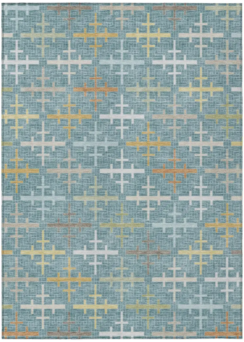 Teal Blue And Silver Geometric Washable Indoor Outdoor Area Rug Photo 2