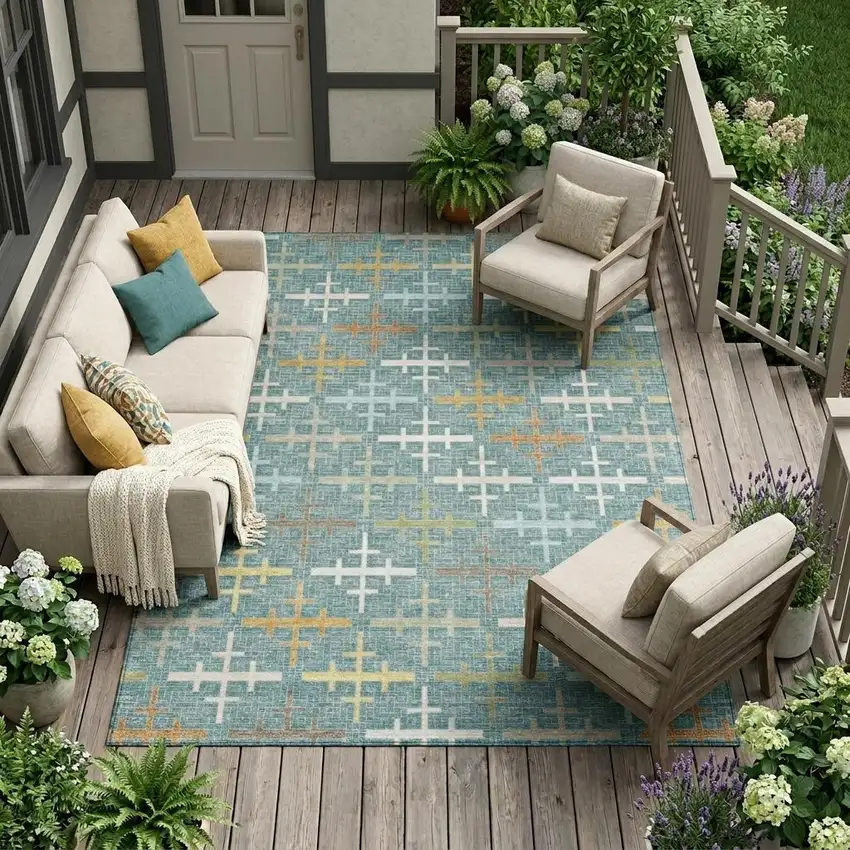Teal Blue And Silver Geometric Washable Indoor Outdoor Area Rug Photo 1