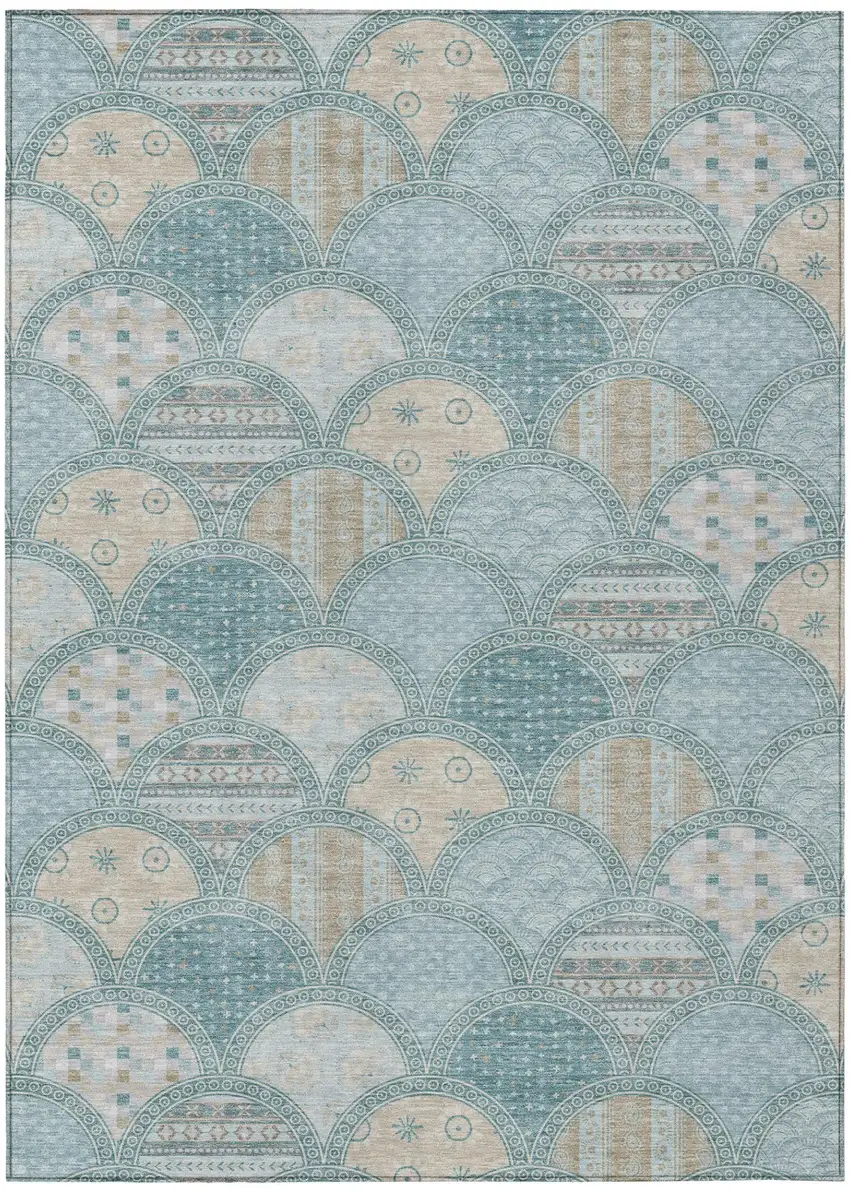 Teal Blue And Silver Geometric Washable Indoor Outdoor Area Rug Photo 2