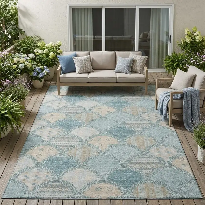 Teal Blue And Silver Geometric Washable Indoor Outdoor Area Rug Photo 1