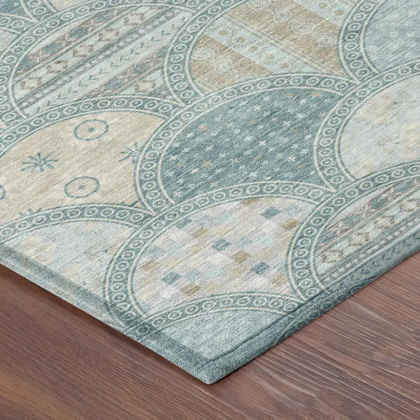 Teal Blue And Silver Geometric Washable Indoor Outdoor Area Rug Photo 3