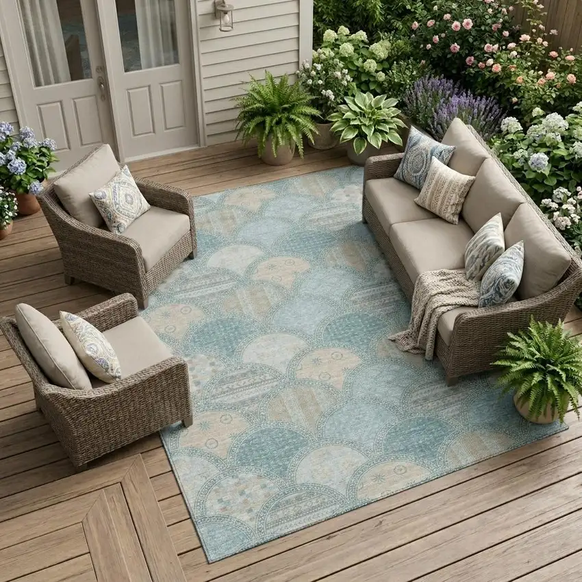 Teal Blue And Silver Geometric Washable Indoor Outdoor Area Rug Photo 1