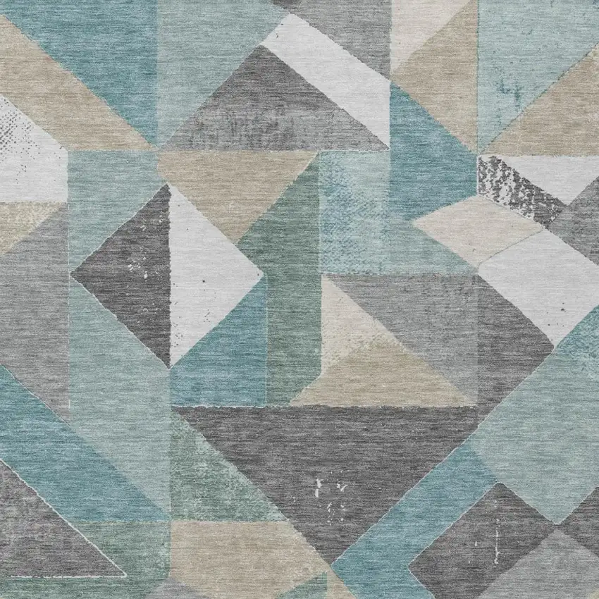 Teal Blue And Silver Geometric Washable Indoor Outdoor Area Rug Photo 3