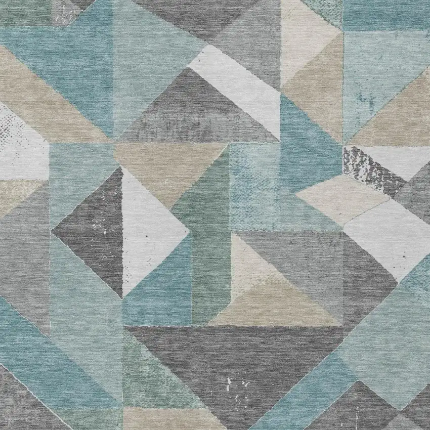 Teal Blue And Silver Geometric Washable Indoor Outdoor Area Rug Photo 2