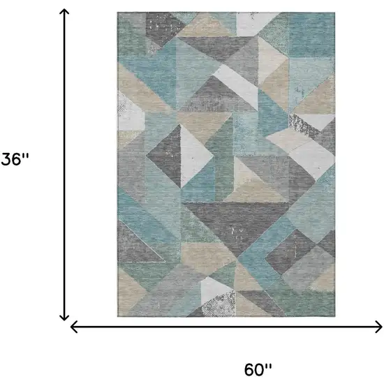 Teal Blue And Silver Geometric Washable Indoor Outdoor Area Rug Photo 6