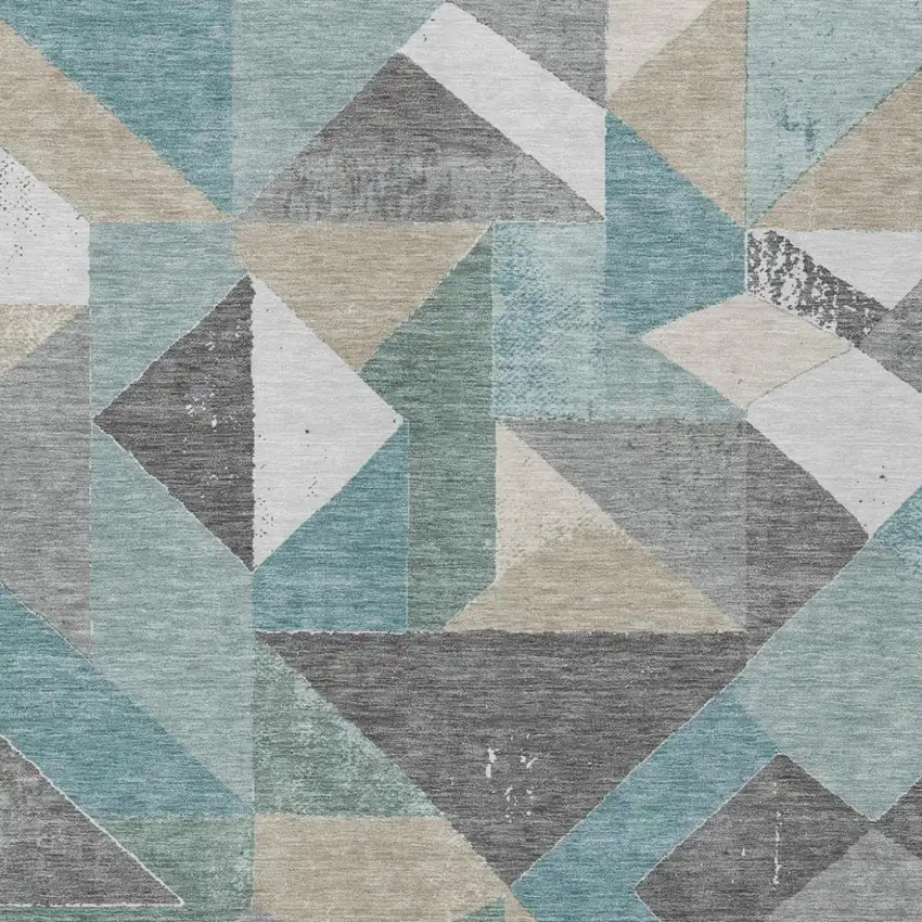 Teal Blue And Silver Geometric Washable Indoor Outdoor Area Rug Photo 1