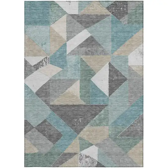 Teal Blue And Silver Geometric Washable Indoor Outdoor Area Rug Photo 3