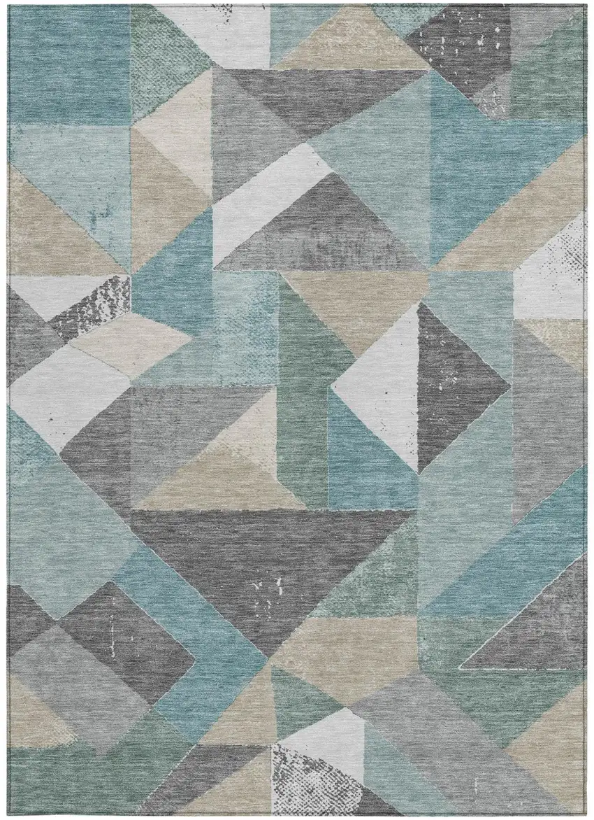 Teal Blue And Silver Geometric Washable Indoor Outdoor Area Rug Photo 3