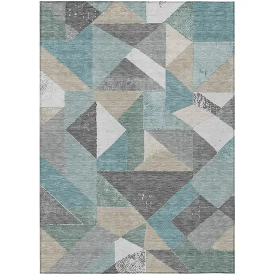Teal Blue And Silver Geometric Washable Indoor Outdoor Area Rug Photo 2