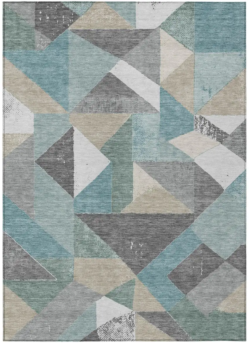 Teal Blue And Silver Geometric Washable Indoor Outdoor Area Rug Photo 2