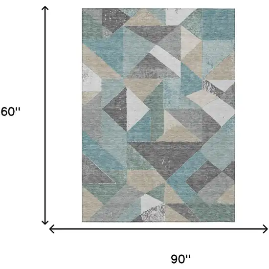 Teal Blue And Silver Geometric Washable Indoor Outdoor Area Rug Photo 6