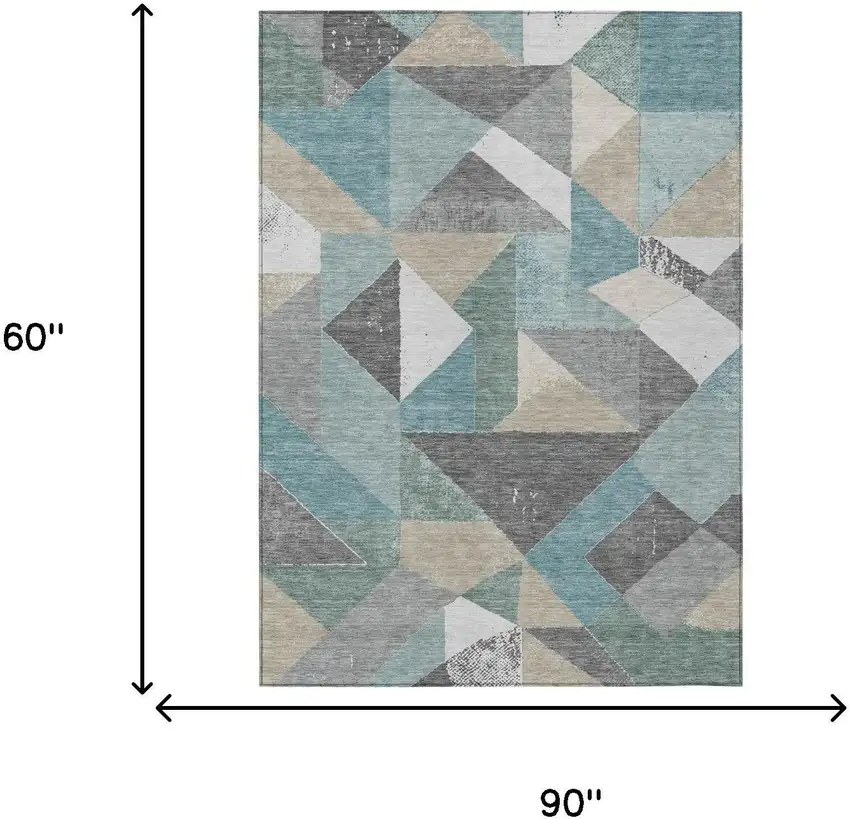 Teal Blue And Silver Geometric Washable Indoor Outdoor Area Rug Photo 6