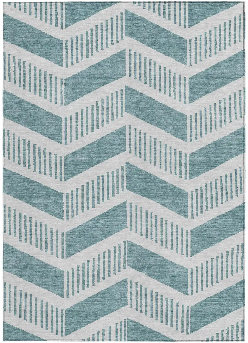 Teal Blue And Silver Geometric Washable Indoor Outdoor Area Rug Photo 3