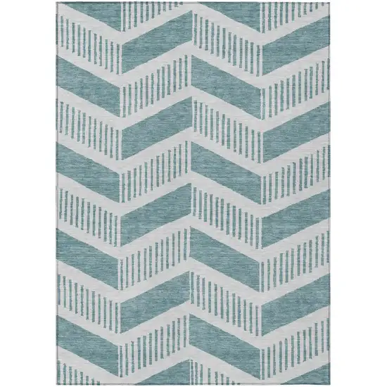 Teal Blue And Silver Geometric Washable Indoor Outdoor Area Rug Photo 2