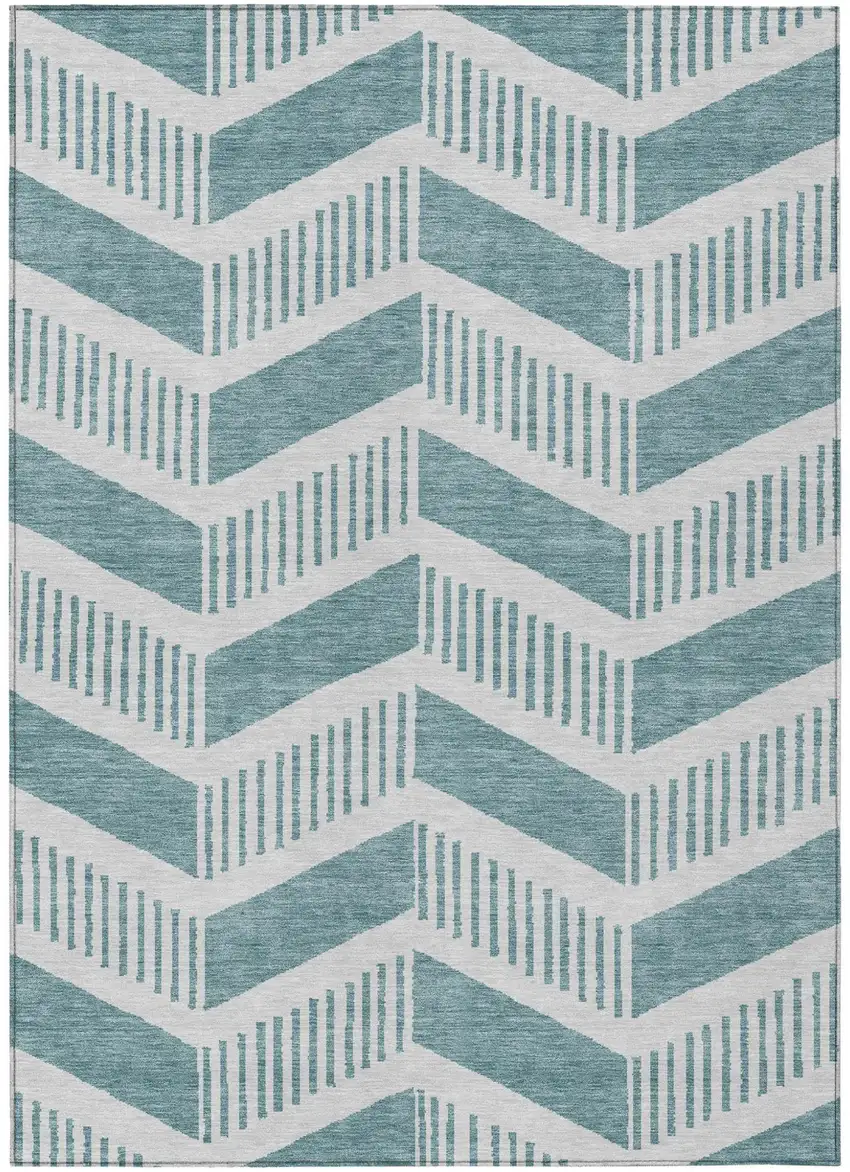 Teal Blue And Silver Geometric Washable Indoor Outdoor Area Rug Photo 2
