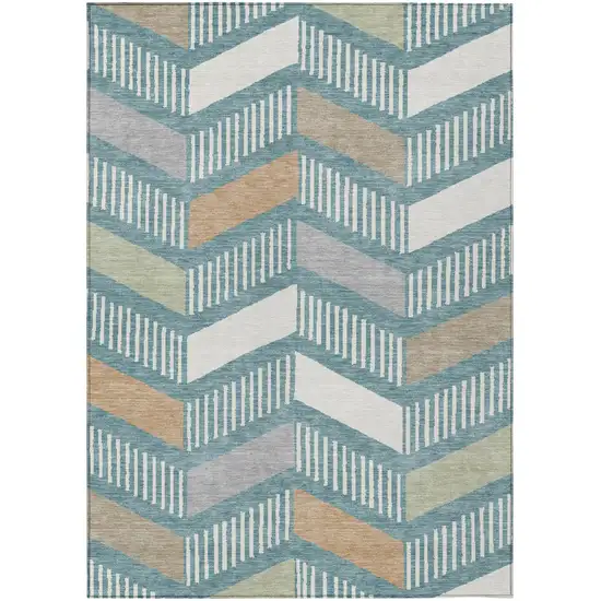 Teal Blue And Silver Geometric Washable Indoor Outdoor Area Rug Photo 1