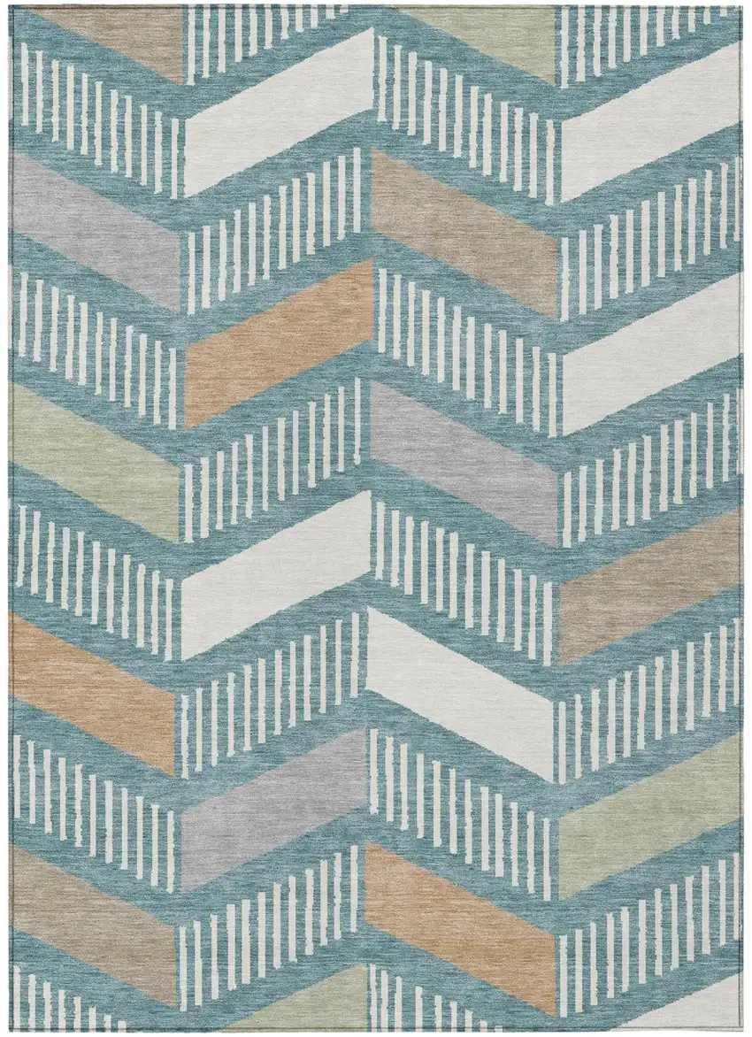 Teal Blue And Silver Geometric Washable Indoor Outdoor Area Rug Photo 1