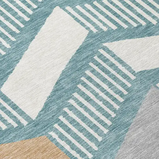 Teal Blue And Silver Geometric Washable Indoor Outdoor Area Rug Photo 5