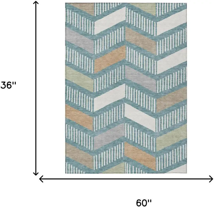Teal Blue And Silver Geometric Washable Indoor Outdoor Area Rug Photo 6