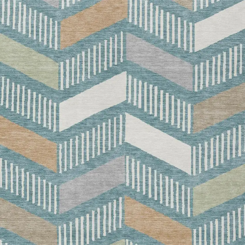 Teal Blue And Silver Geometric Washable Indoor Outdoor Area Rug Photo 2