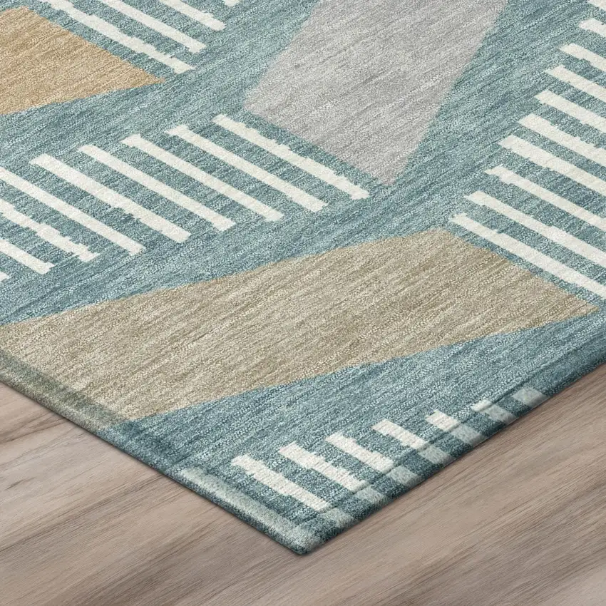Teal Blue And Silver Geometric Washable Indoor Outdoor Area Rug Photo 4