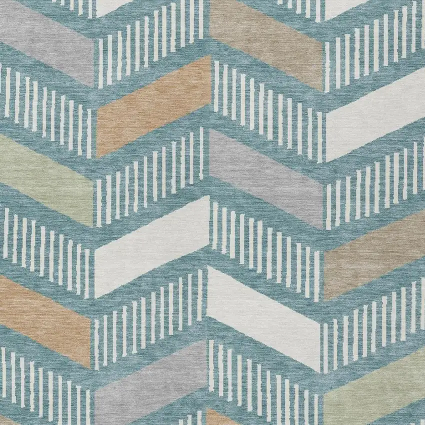 Teal Blue And Silver Geometric Washable Indoor Outdoor Area Rug Photo 3