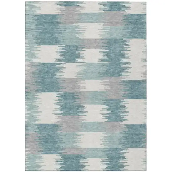 Teal Blue And Silver Geometric Washable Indoor Outdoor Area Rug Photo 1