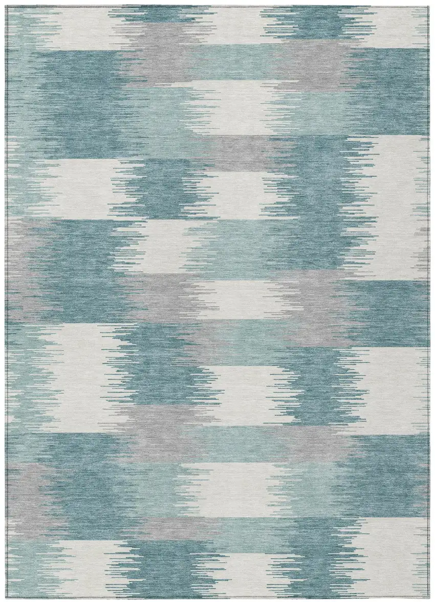 Teal Blue And Silver Geometric Washable Indoor Outdoor Area Rug Photo 1