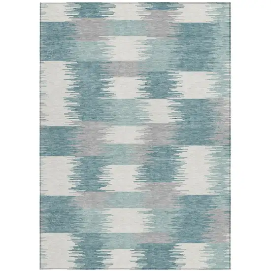 Teal Blue And Silver Geometric Washable Indoor Outdoor Area Rug Photo 3