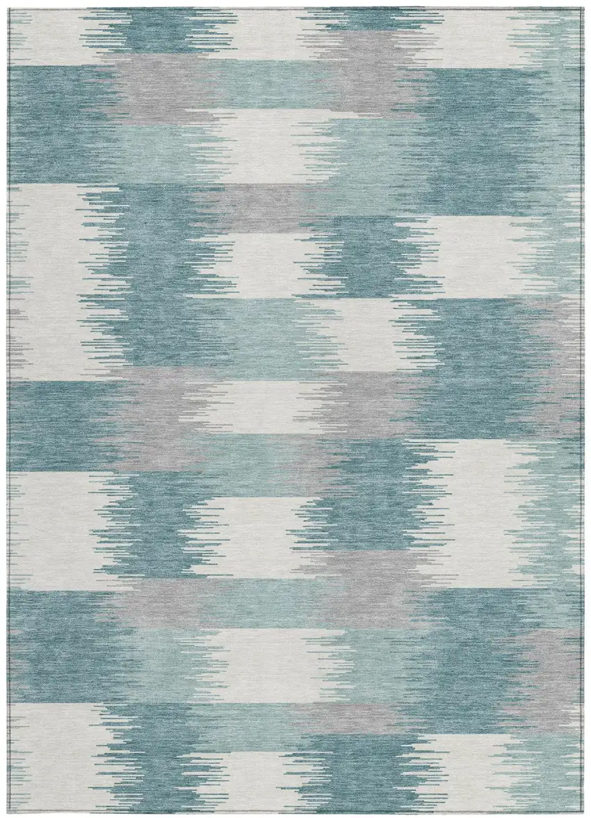 Teal Blue And Silver Geometric Washable Indoor Outdoor Area Rug Photo 3