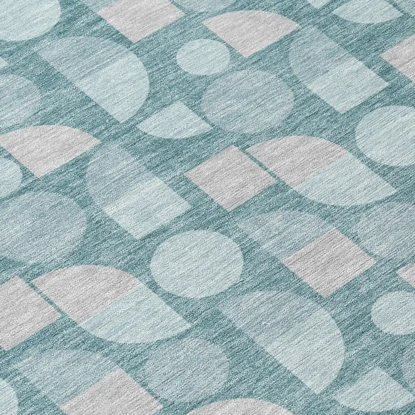 Teal Blue And Silver Geometric Washable Indoor Outdoor Area Rug Photo 5