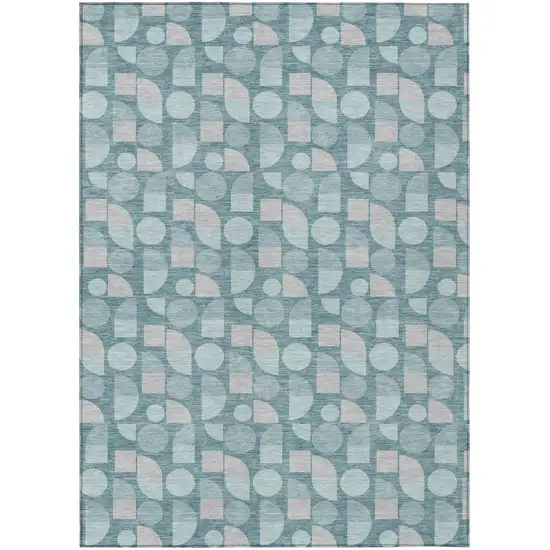 Teal Blue And Silver Geometric Washable Indoor Outdoor Area Rug Photo 1