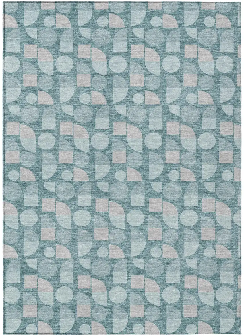 Teal Blue And Silver Geometric Washable Indoor Outdoor Area Rug Photo 1