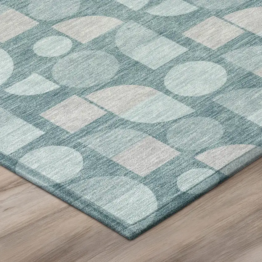 Teal Blue And Silver Geometric Washable Indoor Outdoor Area Rug Photo 4