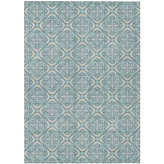 Teal Blue And Silver Geometric Washable Indoor Outdoor Area Rug Photo 1