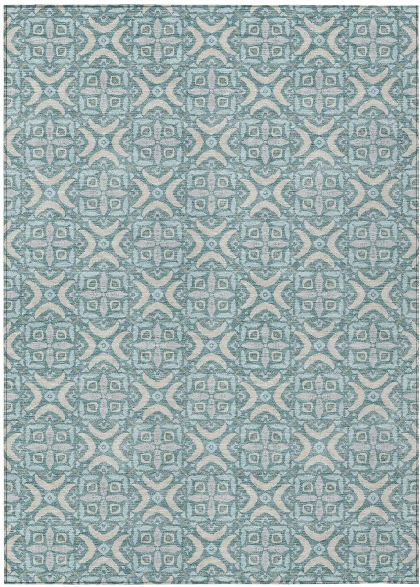 Teal Blue And Silver Geometric Washable Indoor Outdoor Area Rug Photo 1