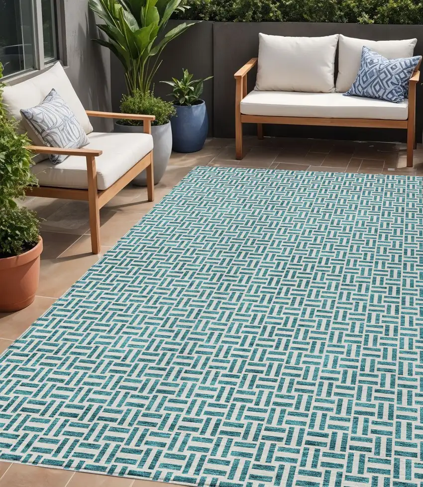 Teal Blue And Silver Geometric Washable Indoor Outdoor Area Rug Photo 1