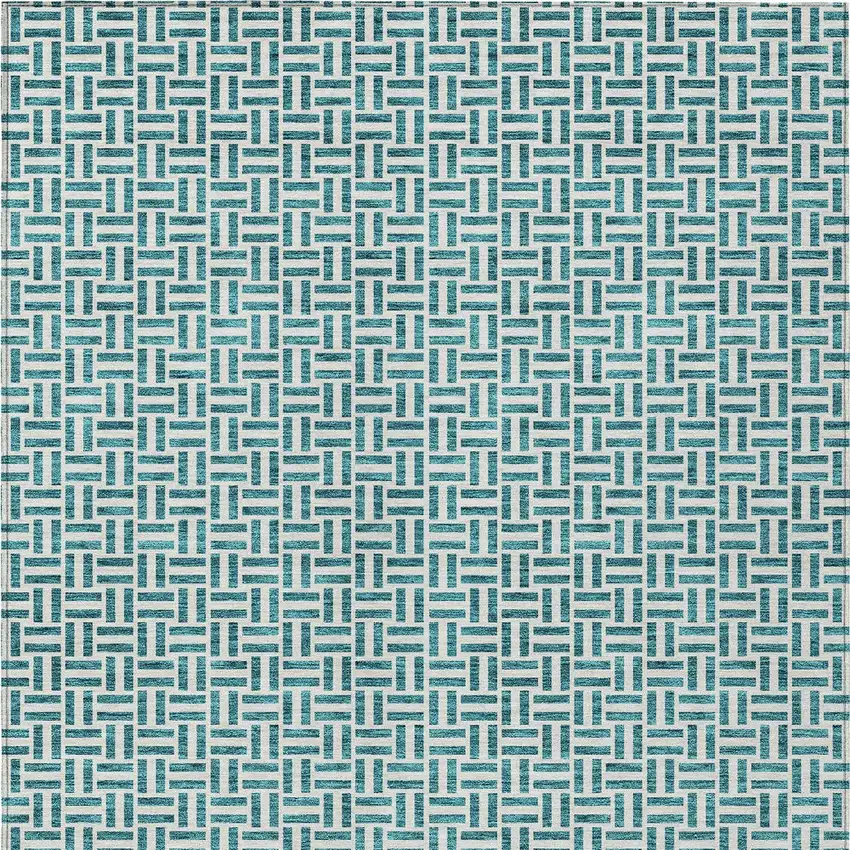 Teal Blue And Silver Geometric Washable Indoor Outdoor Area Rug Photo 7