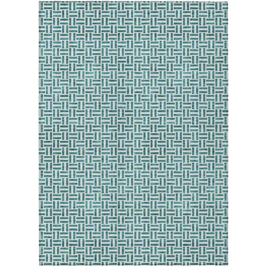 Teal Blue And Silver Geometric Washable Indoor Outdoor Area Rug Photo 2